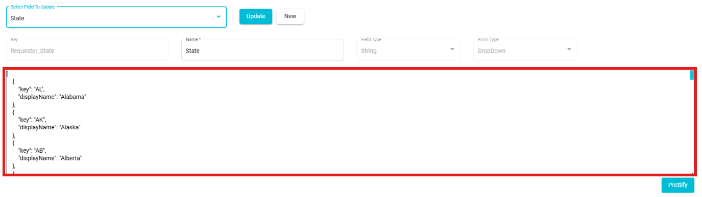 Image of JSON code for dropdown field