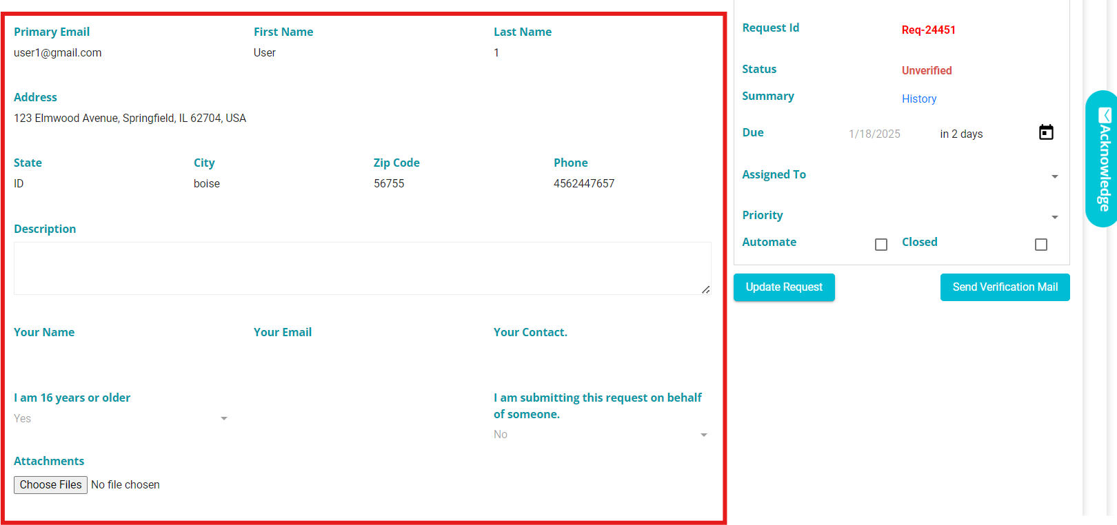 Image of request form(internal) fields in DSAR Request tab UI