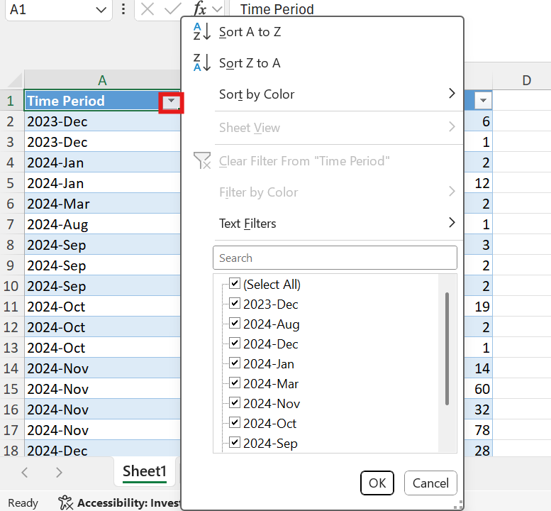 image showing the filter option on excel sheet